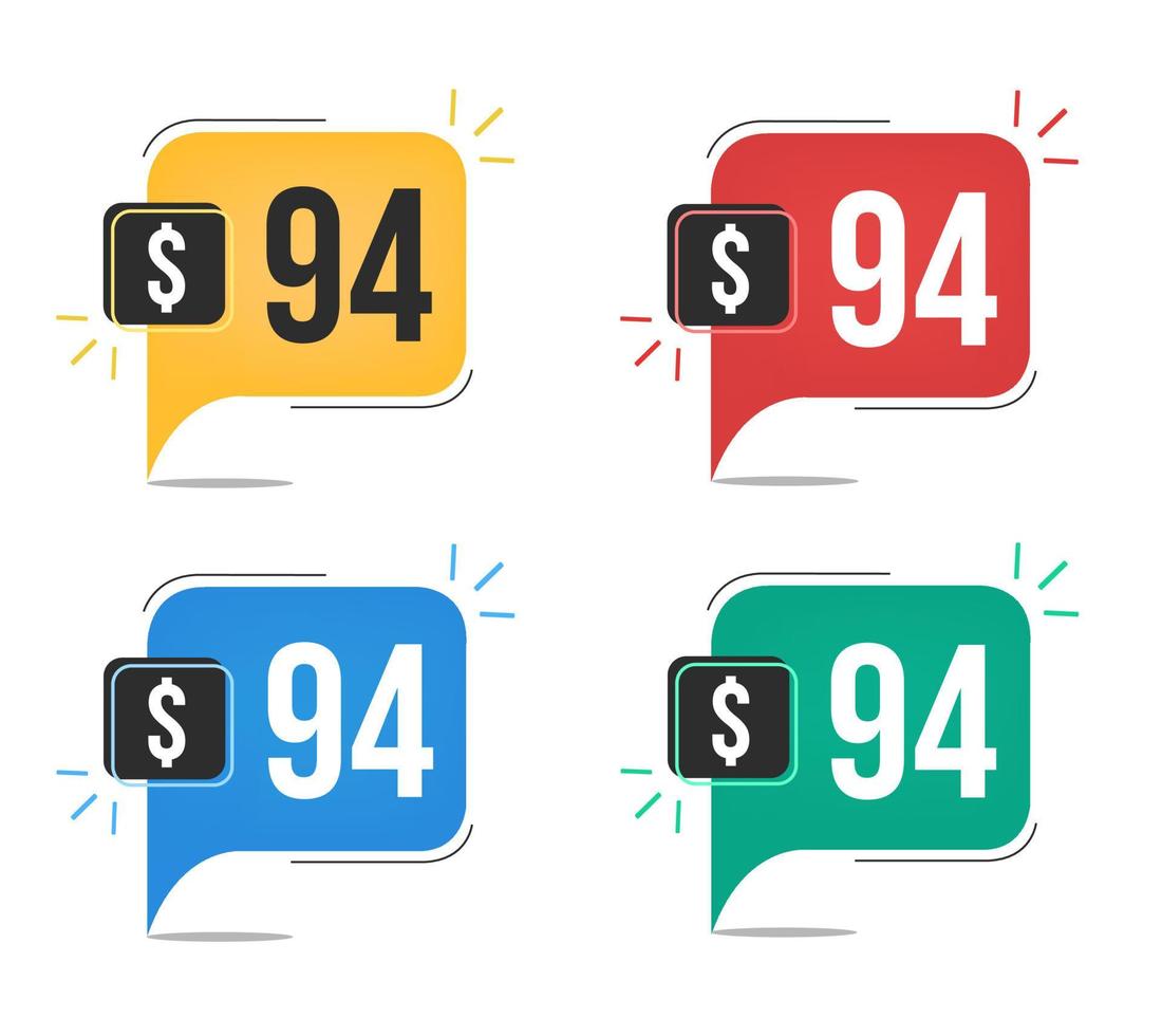 94 dollar price. Yellow, red, blue and green currency tags with speech  balloon concept. vector
