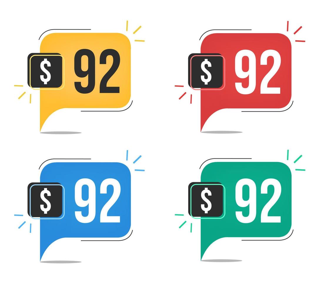 92 dollar price. Yellow, red, blue and green currency tags with speech balloon concept vector. vector