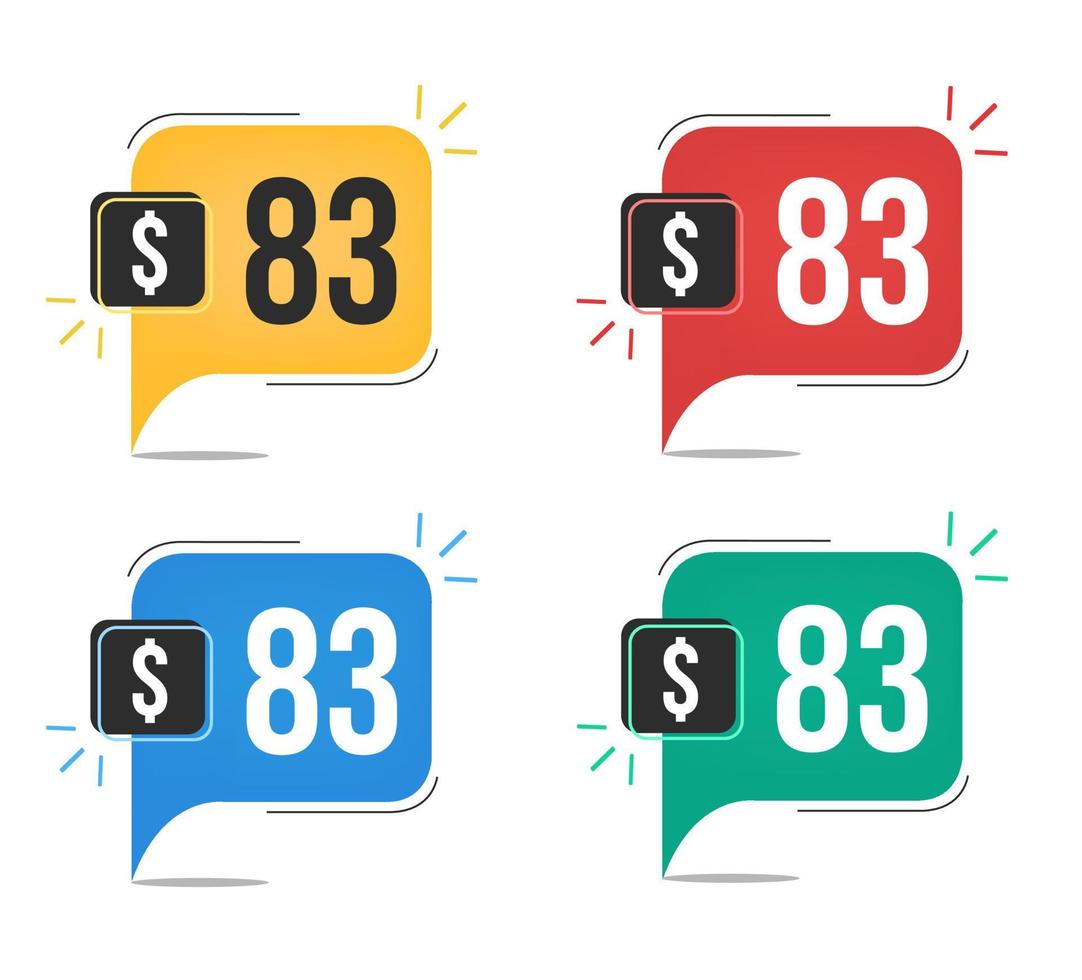 83 dollar price. Yellow, red, blue and green currency tags with speech balloon concept vector. vector