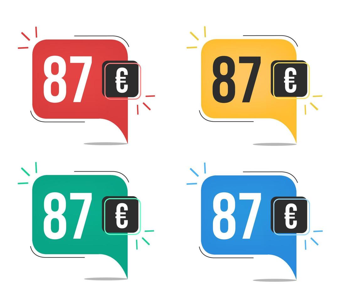 87 euro price. Yellow, red, blue and green currency tags with speech  balloon concept. vector