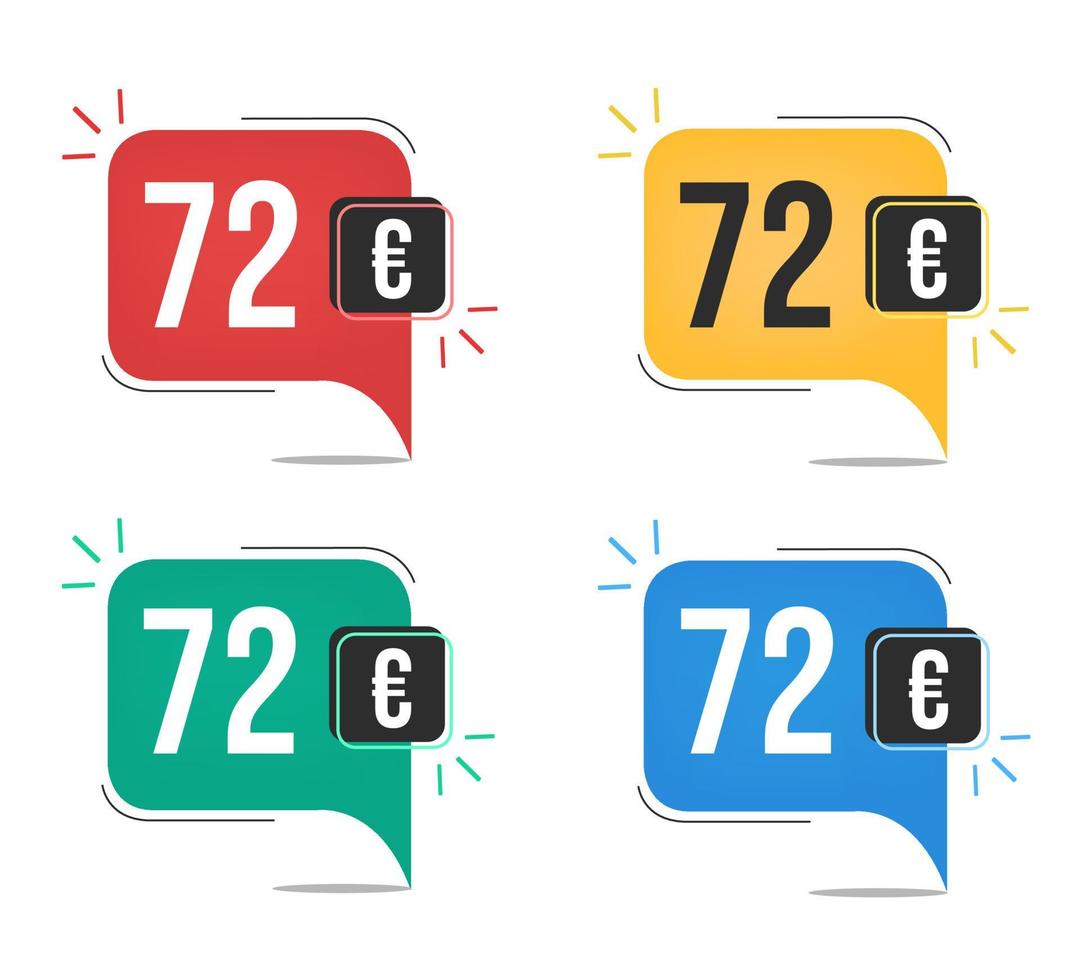 72 euro price. Yellow, red, blue and green currency tags with speech  balloon concept. vector