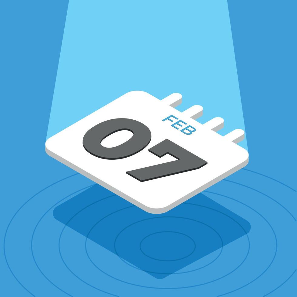 February 7 - 3D calendar floating with spotlight on blue background vector