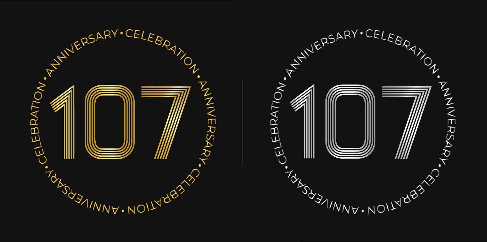 107 cumpleaños. Banner de celebración de aniversario de ciento siete años en colores dorado y plateado. logo circular con diseño de números originales en líneas elegantes. vector