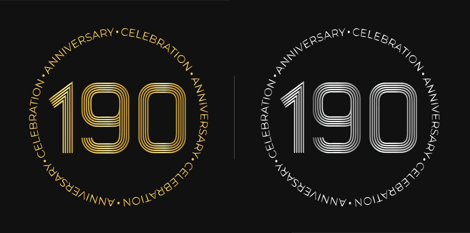 190 cumpleaños. banner de celebración de aniversario de ciento noventa años en colores dorado y plateado. logo circular con diseño de números originales en líneas elegantes. vector