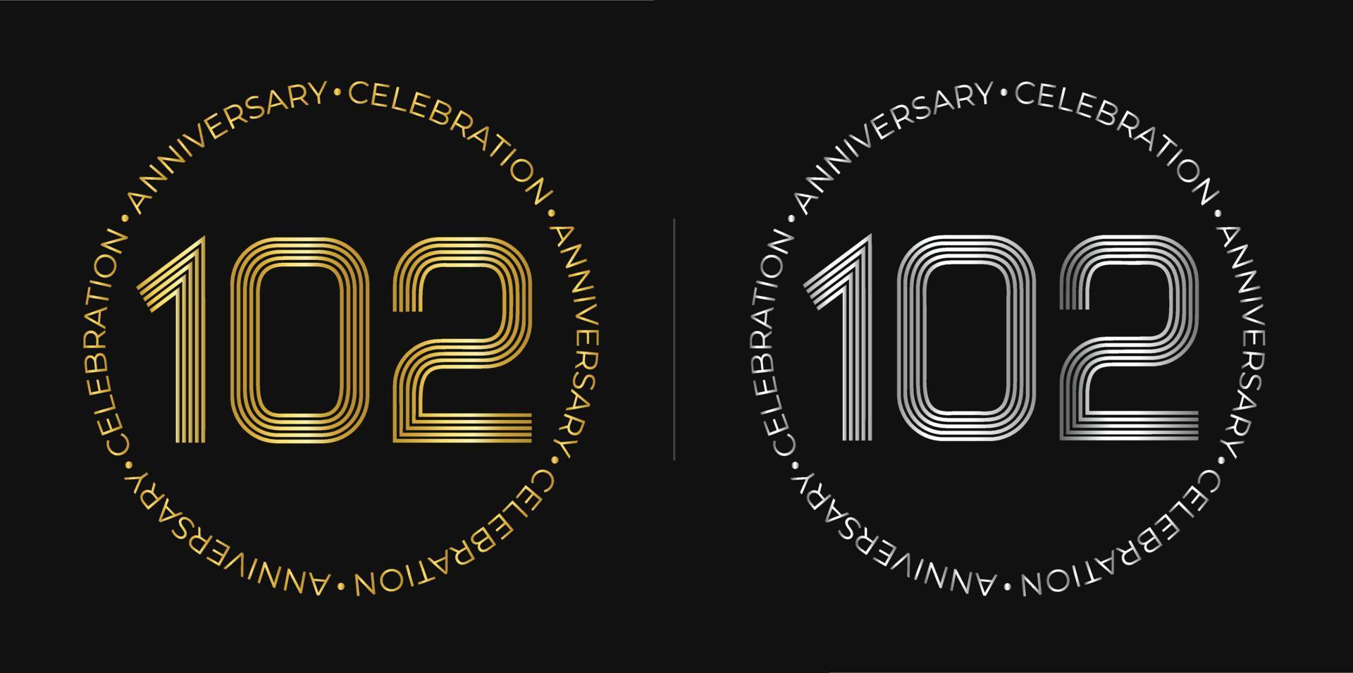 102th birthday. One hundred and two years anniversary celebration banner in golden and silver colors. Circular logo with original numbers design in elegant lines. vector