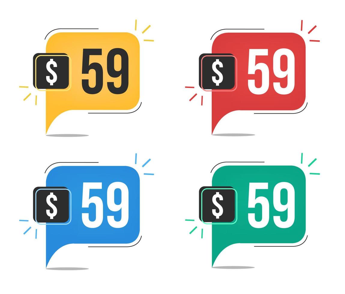 59 dollar price. Yellow, red, blue and green currency tags with speech balloon concept vector. vector