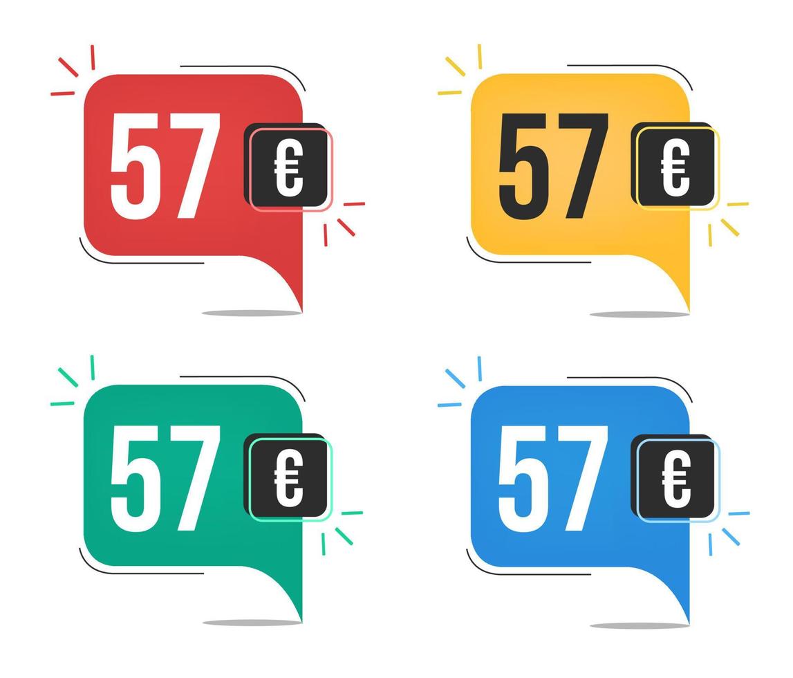 57 euro price. Yellow, red, blue and green currency tags with speech  balloon concept. vector