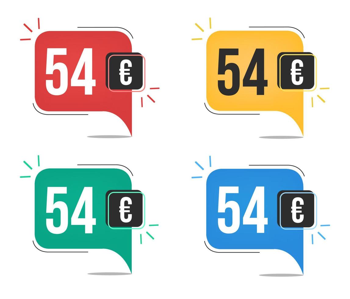 54 euro price. Yellow, red, blue and green currency tags with speech  balloon concept. vector