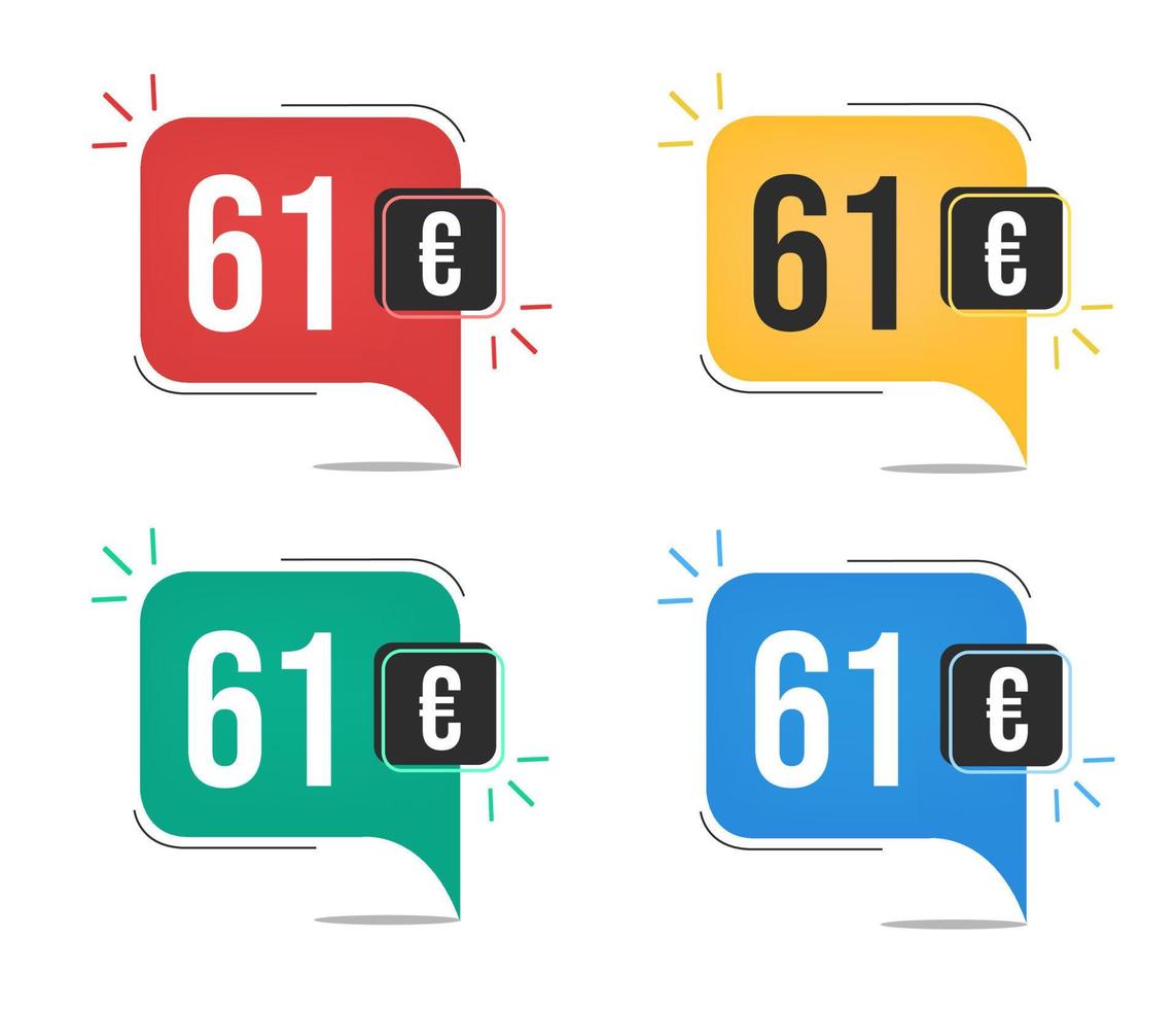 61 euro price. Yellow, red, blue and green currency tags with speech  balloon concept. vector