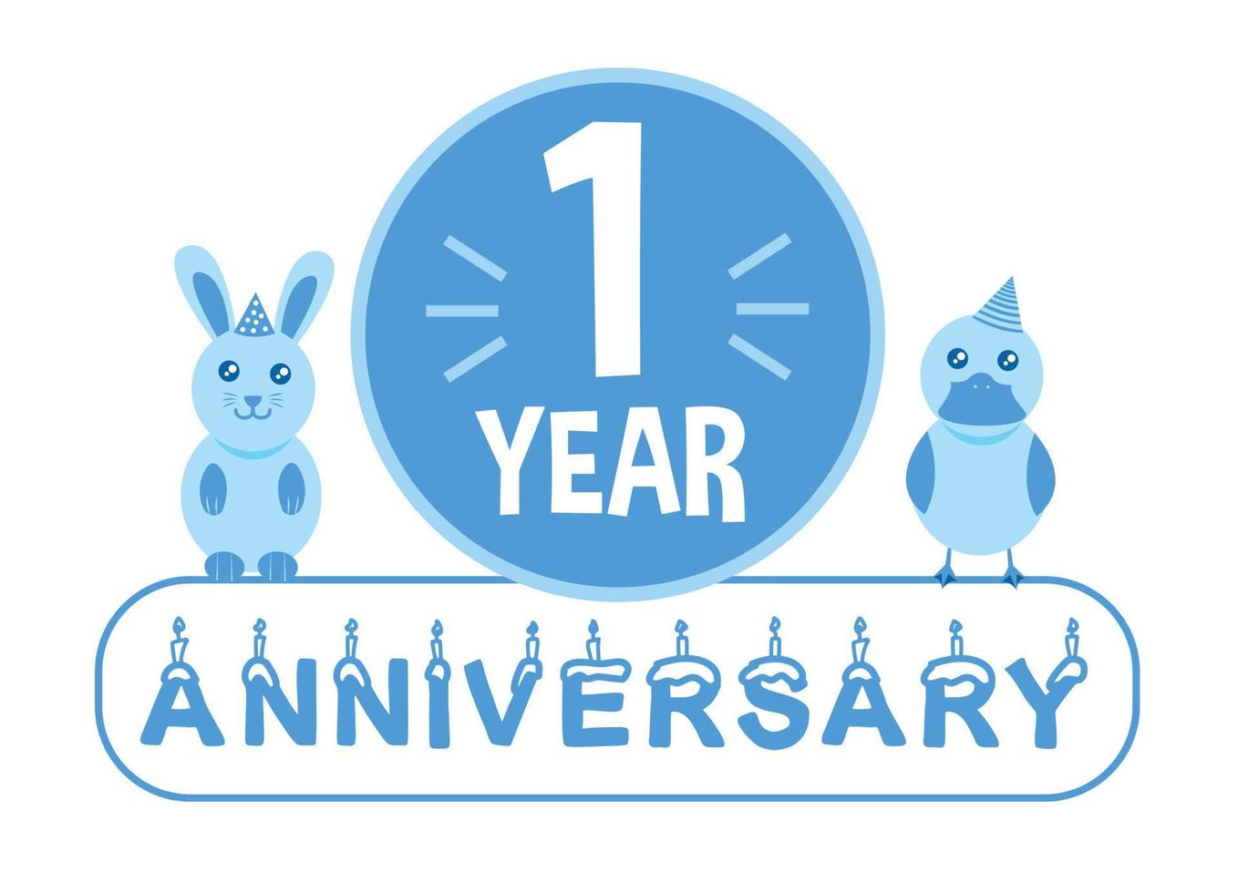 1er cumpleaños banner de celebración de aniversario de un año con tema azul para niños. vector