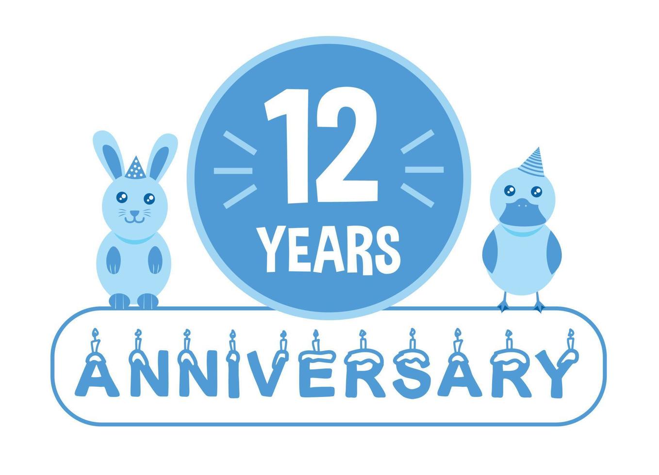 12 cumpleaños. banner de celebración de aniversario de doce años con tema azul para niños. vector