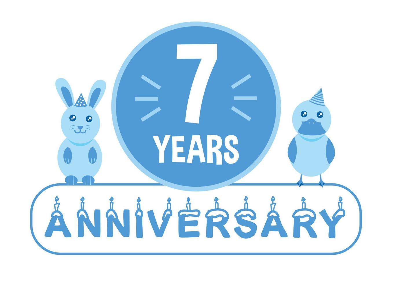 7mo cumpleaños. pancarta de celebración del aniversario de siete años con tema de animales azules para niños. vector