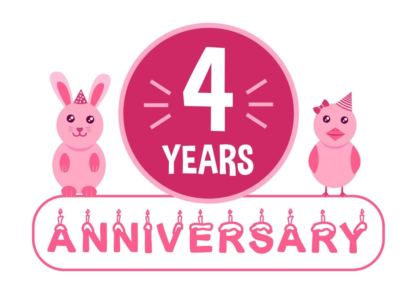 4to cumpleaños. Banner de celebración de cuatro años con tema de animales rosas para niños. vector