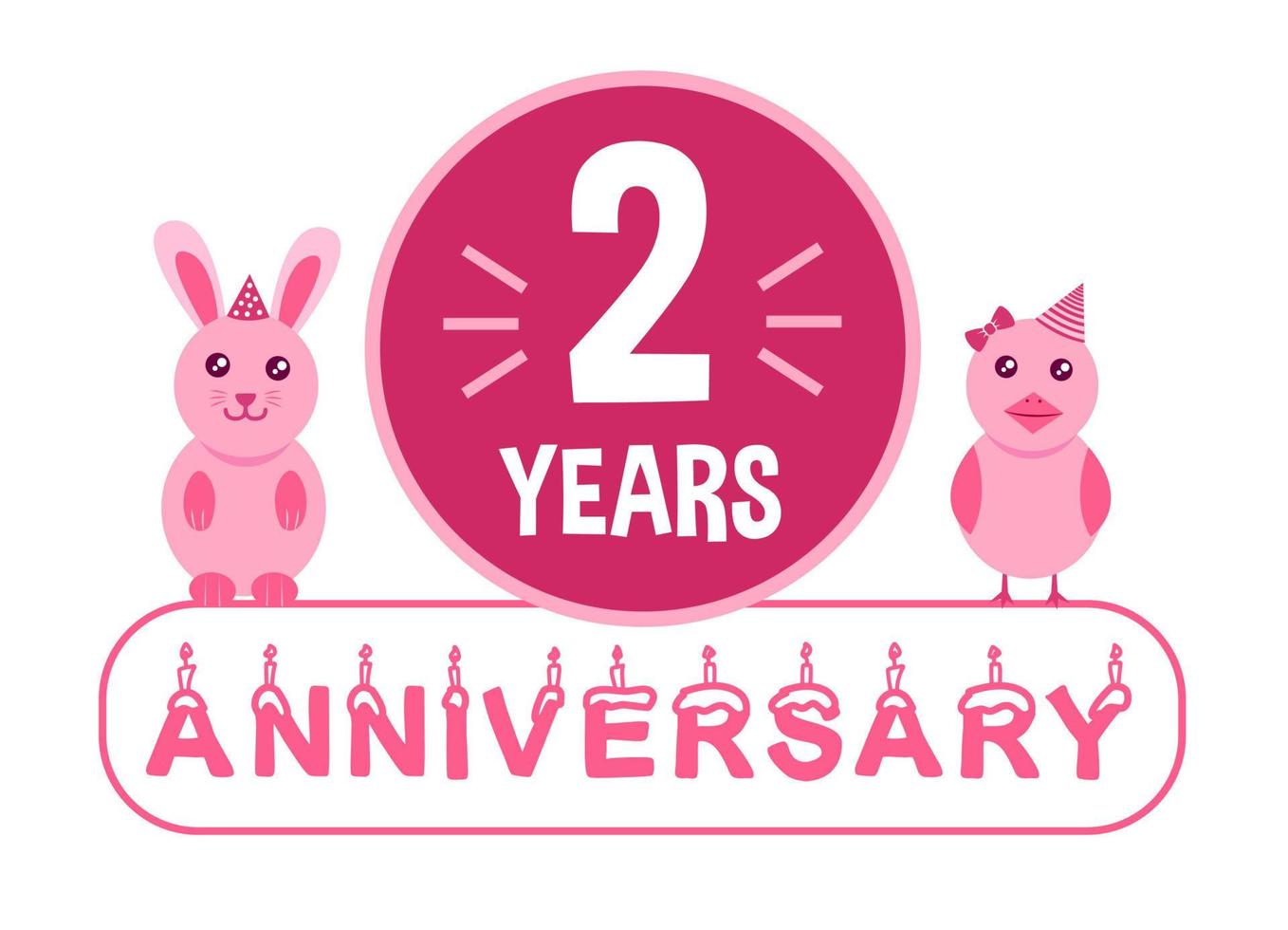 2nd birthday. Two years anniversary celebration banner with pink animals theme for kids. vector