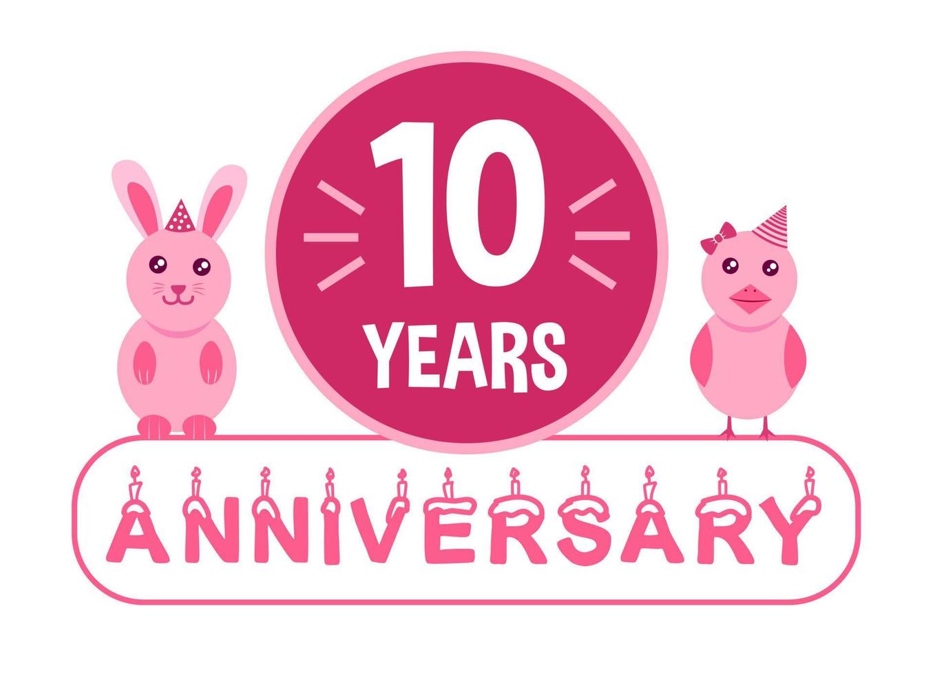 10th birthday. Ten years anniversary celebration banner with pink animals theme for kids. vector