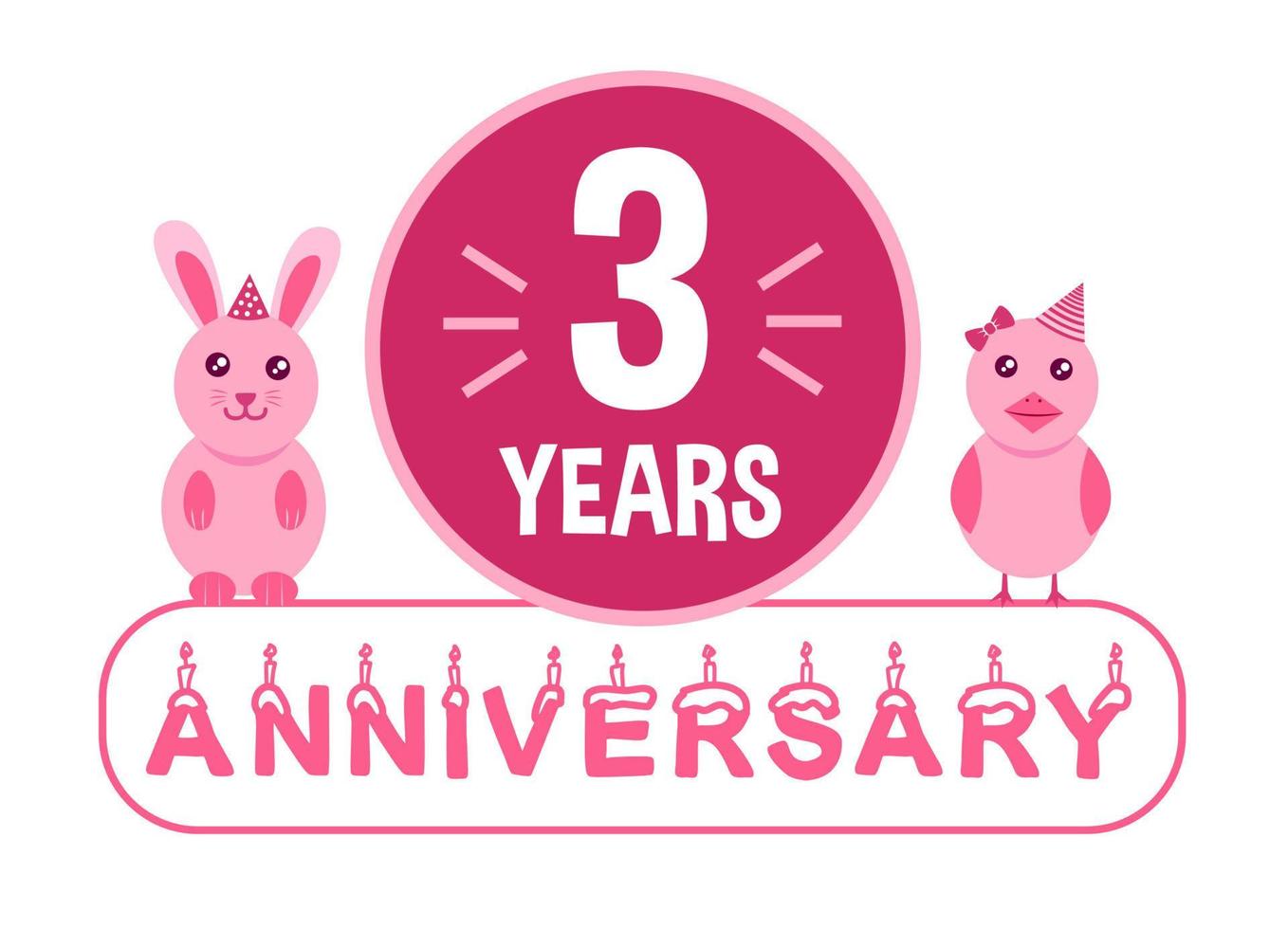 3rd birthday. Three years anniversary celebration banner with pink animals theme for kids. vector