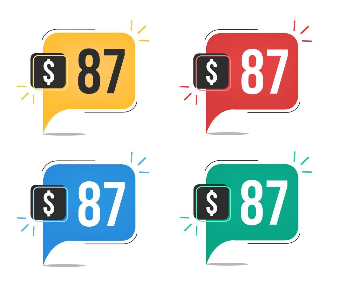 87 dollar price. Yellow, red, blue and green currency tags with speech balloon concept vector. vector