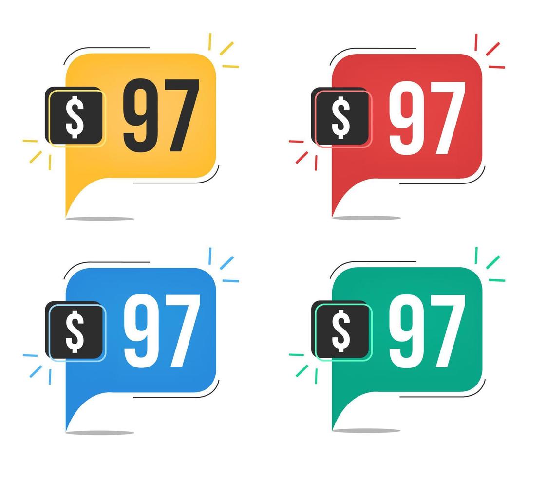 97 dollar price. Yellow, red, blue and green currency tags with speech balloon concept vector. vector