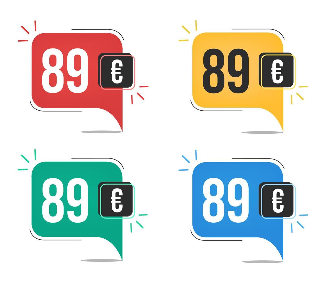 89 euro price. Yellow, red, blue and green currency tags with speech  balloon concept. vector