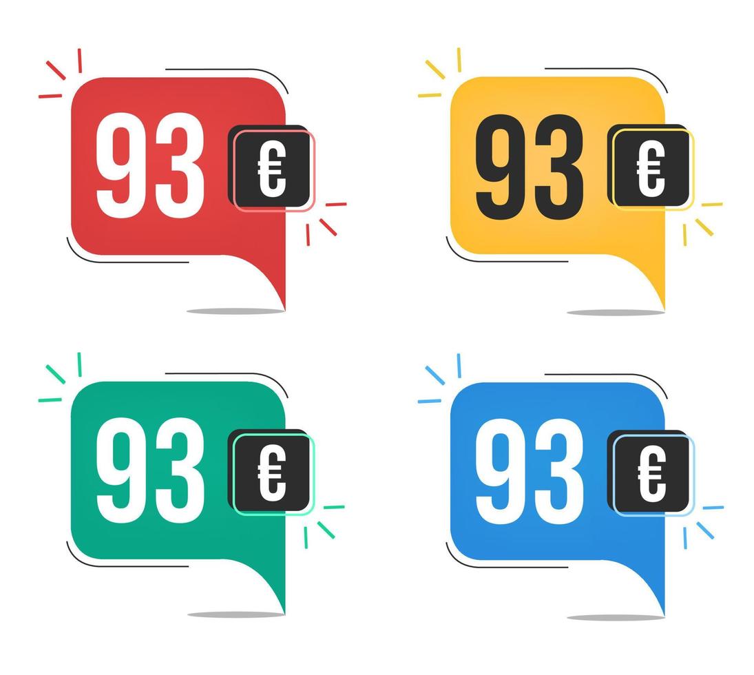 93 euro price. Yellow, red, blue and green currency tags with speech  balloon concept. vector