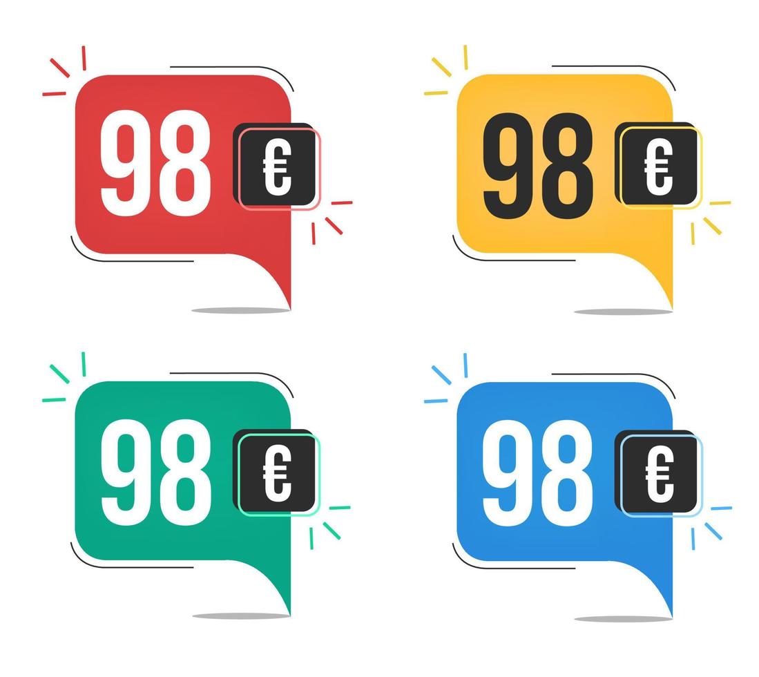 98 euro price. Yellow, red, blue and green currency tags with speech  balloon concept. vector