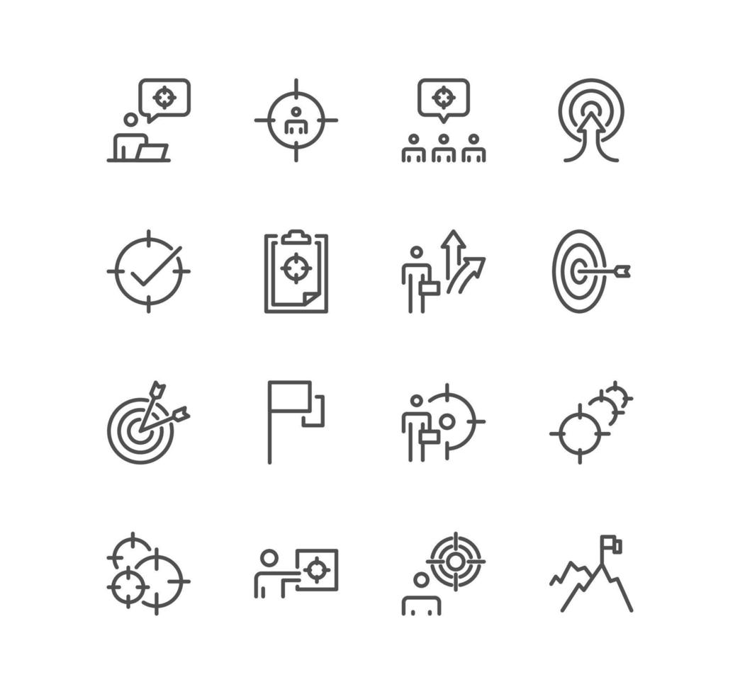 conjunto de iconos relacionados con objetivos y objetivos, logros, objetivos comerciales, rutas de misión y vectores de variedad lineal.