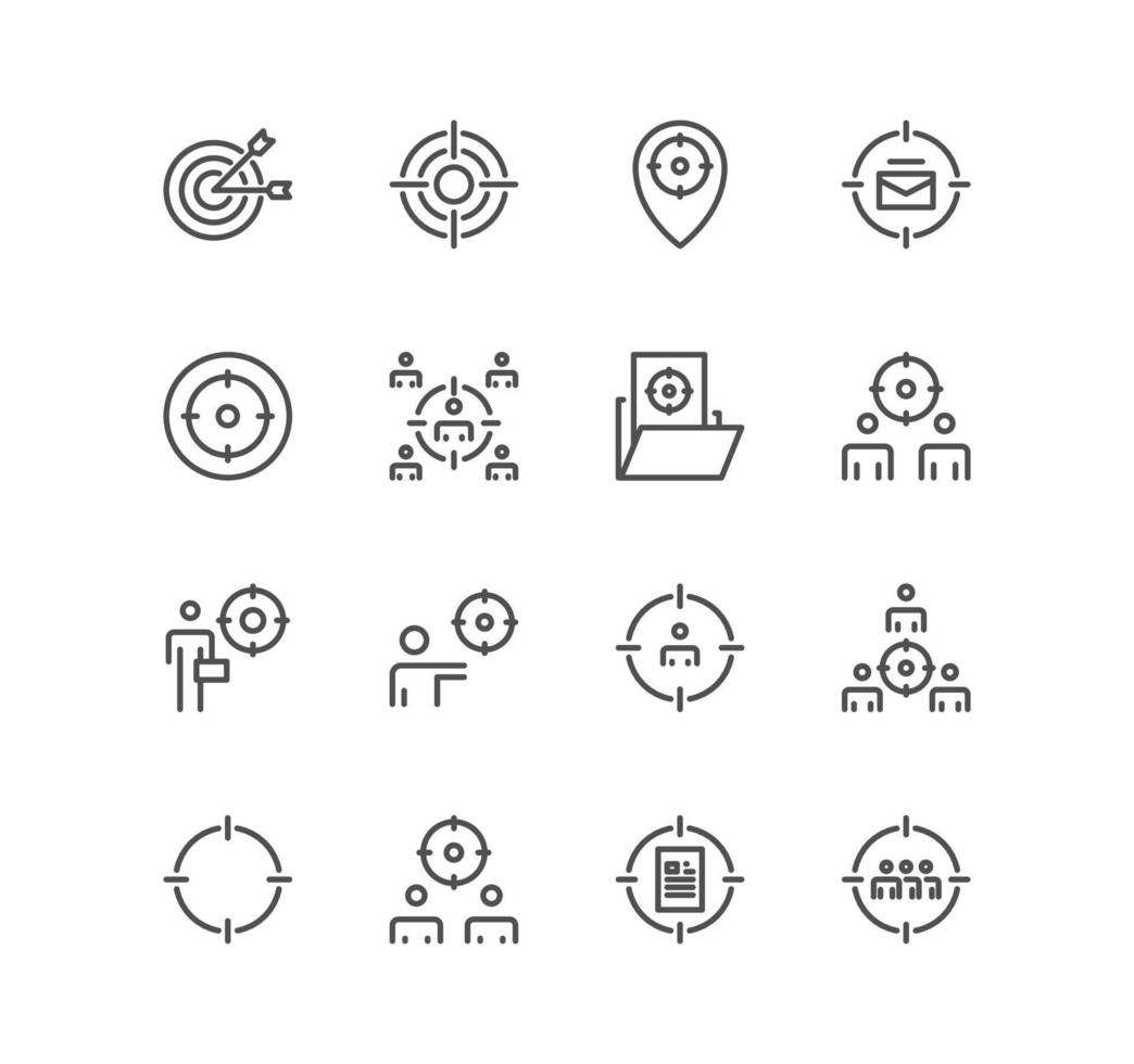 Set of target related icons, dart, marketing, goal, targeting strategy, audiene and linear variety vectors. vector