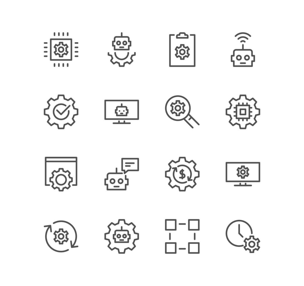 Set of robots related and robotic process automation icons, autopilot, chatbot, broken bot and linear variety vectors. vector