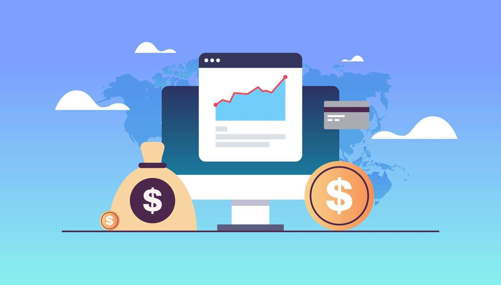 Graph diagram finance data analysis calculator working together brainstorming concept and world map background concept flat vector illustration.