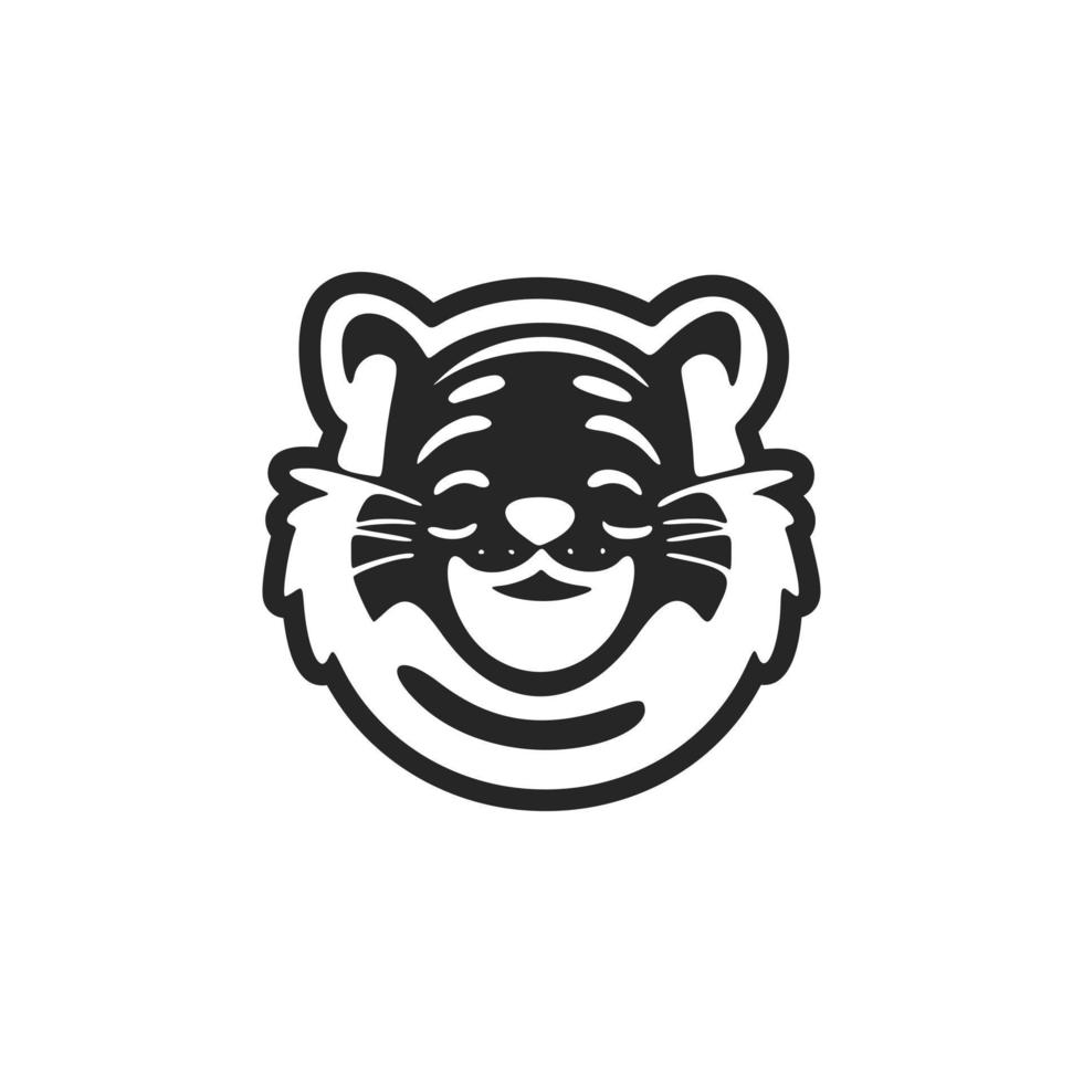 Childish black on white background logo with the image of a laughing tiger. vector