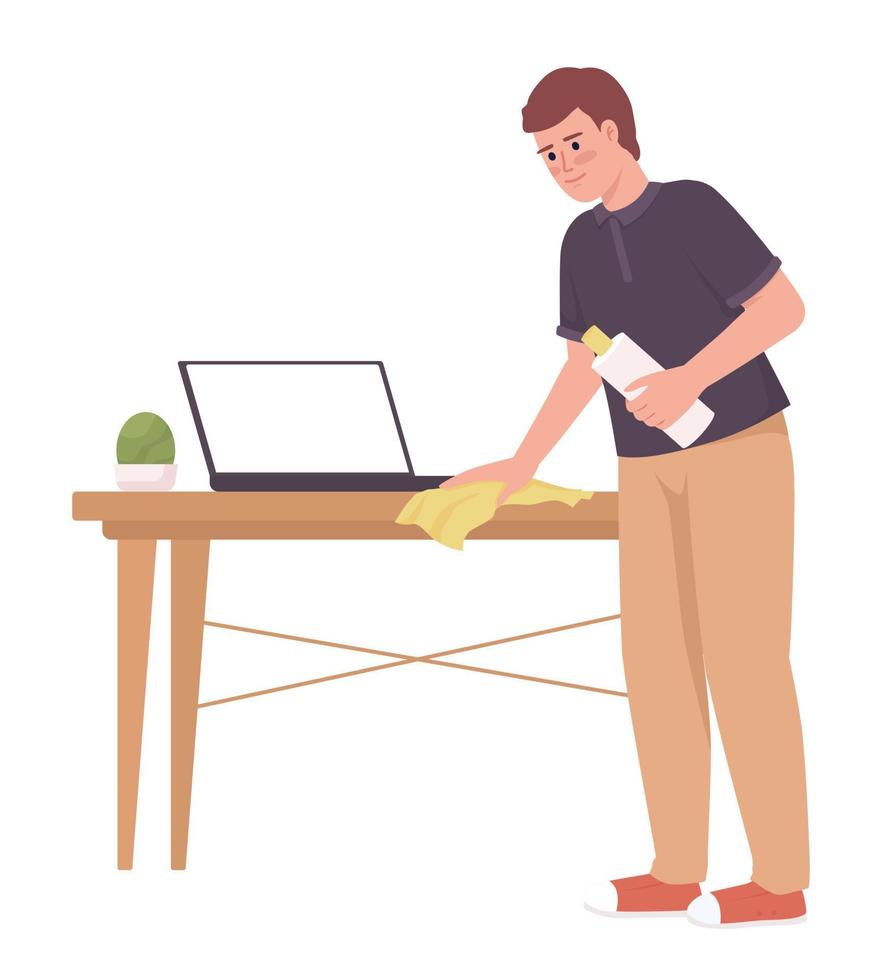 Man cleaning wooden table surface with cloth semi flat color vector