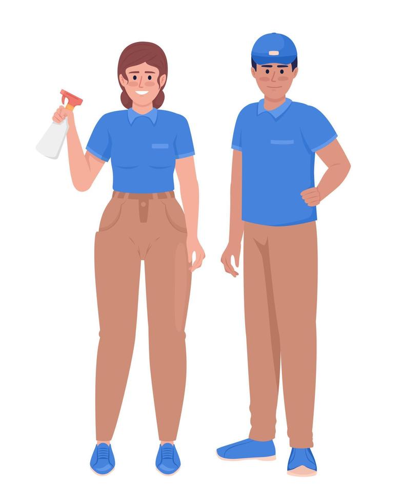 Cleaning and janitorial services staff semi flat color vector characters. Editable figures. Full body people on white. Simple cartoon style illustration for web graphic design and animation