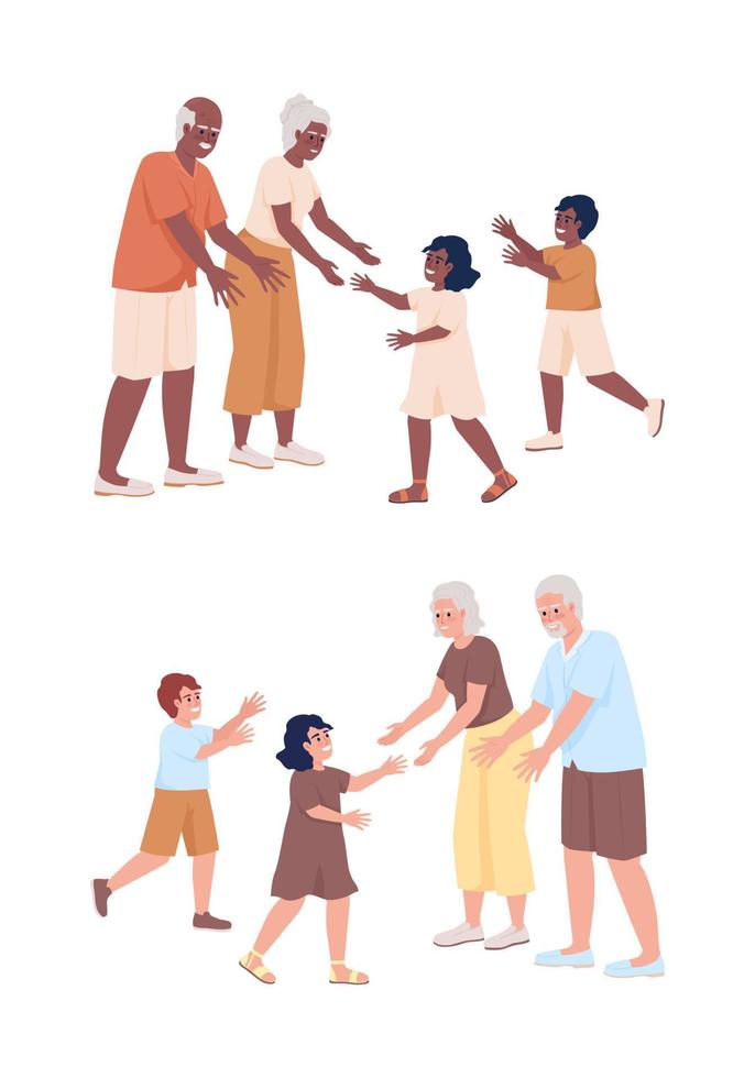 Grandparents with grandchildren semi flat color vector characters set. Editable figures. Full body people on white. Simple cartoon style illustration pack for web graphic design and animation