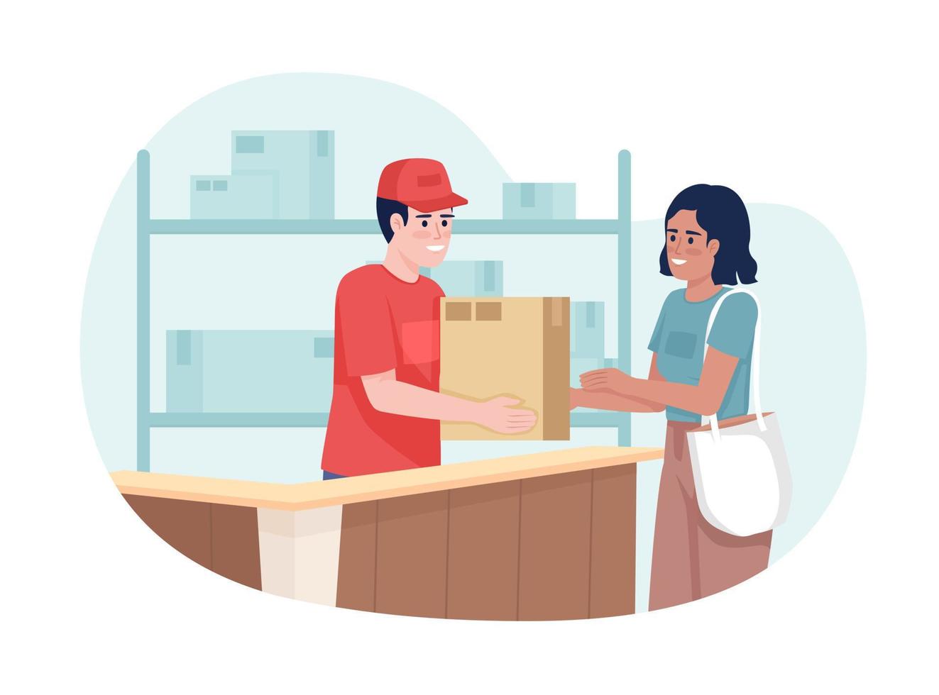 Local post office 2D vector isolated illustration. Female consumer picking up parcel from employee flat characters on cartoon background. Colorful editable scene for mobile, website, presentation