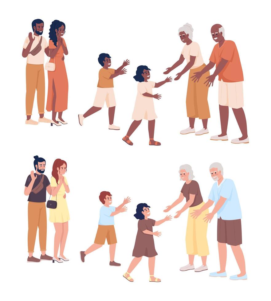 padres que dejan a los niños con abuelos conjunto de caracteres vectoriales de color semiplano. figuras editables. personas de cuerpo completo en blanco. paquete de ilustración de dibujos animados simple para diseño gráfico web y animación vector