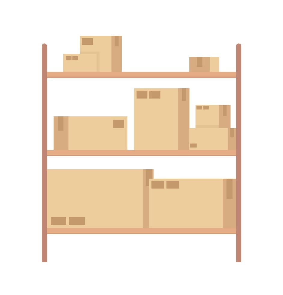 Storage rack with shipping cardboard boxes semi flat color vector