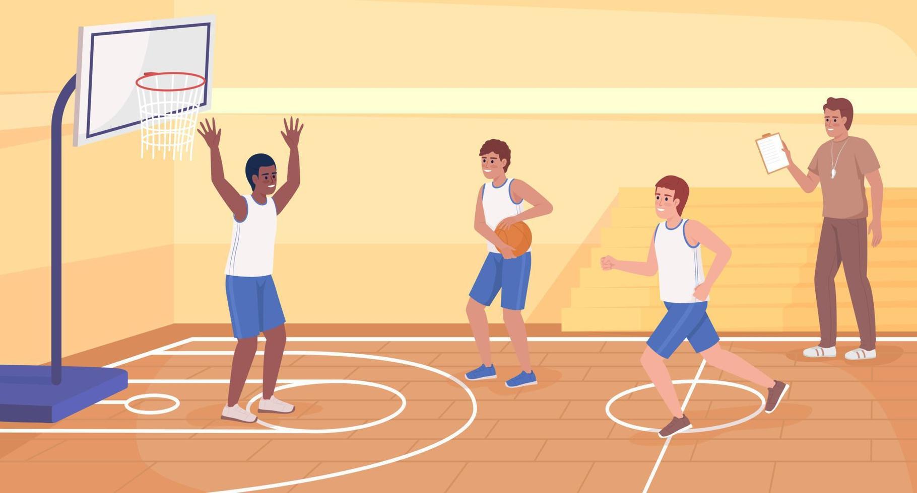 Workout and exercise class flat color vector illustration. Physical education. Athletic boys playing basketball in team. Fully editable 2D simple cartoon characters with gym on background