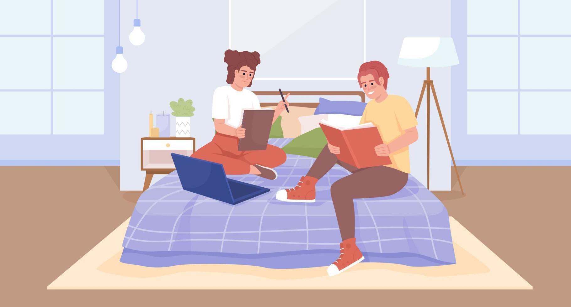 Group project for bonding middle school classmates flat color vector illustration. Friends, siblings doing homework together. Fully editable 2D simple cartoon characters with bedroom on background