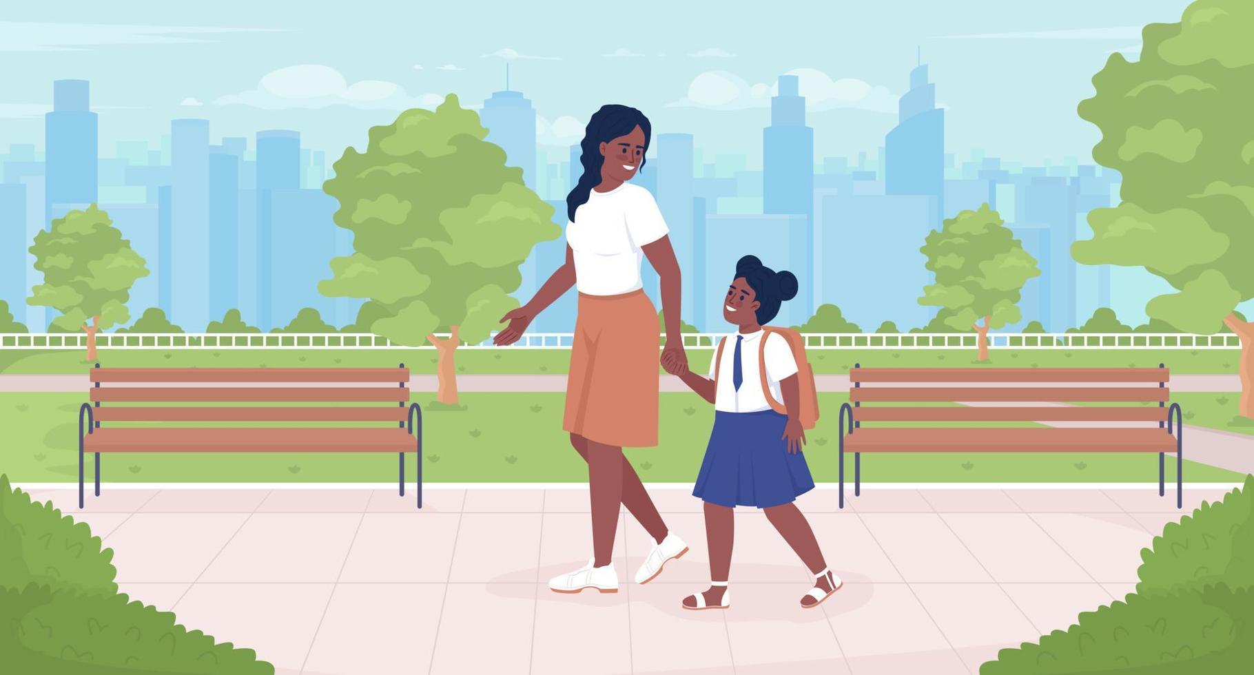 Picking up child after school day flat color vector illustration. Mom with female first grader in school uniform. Fully editable 2D simple cartoon characters with park and cityscape on background