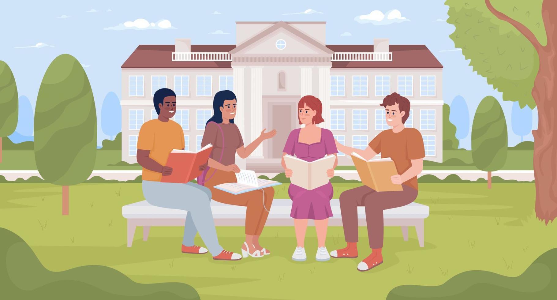 Kids studying at schoolyard flat color vector illustration. Teens discussing book. Summer learning. Home assignment. Fully editable 2D simple cartoon characters with school building on background