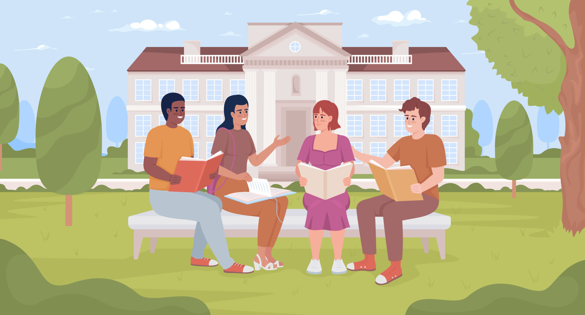 Kids studying at schoolyard flat color vector illustration. Teens discussing book. Summer