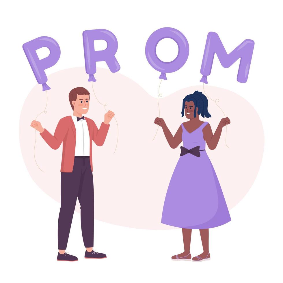 Prom night 2D vector isolated illustration. Friends celebrating and dancing flat characters on cartoon background. Colorful editable scene for mobile, website, presentation