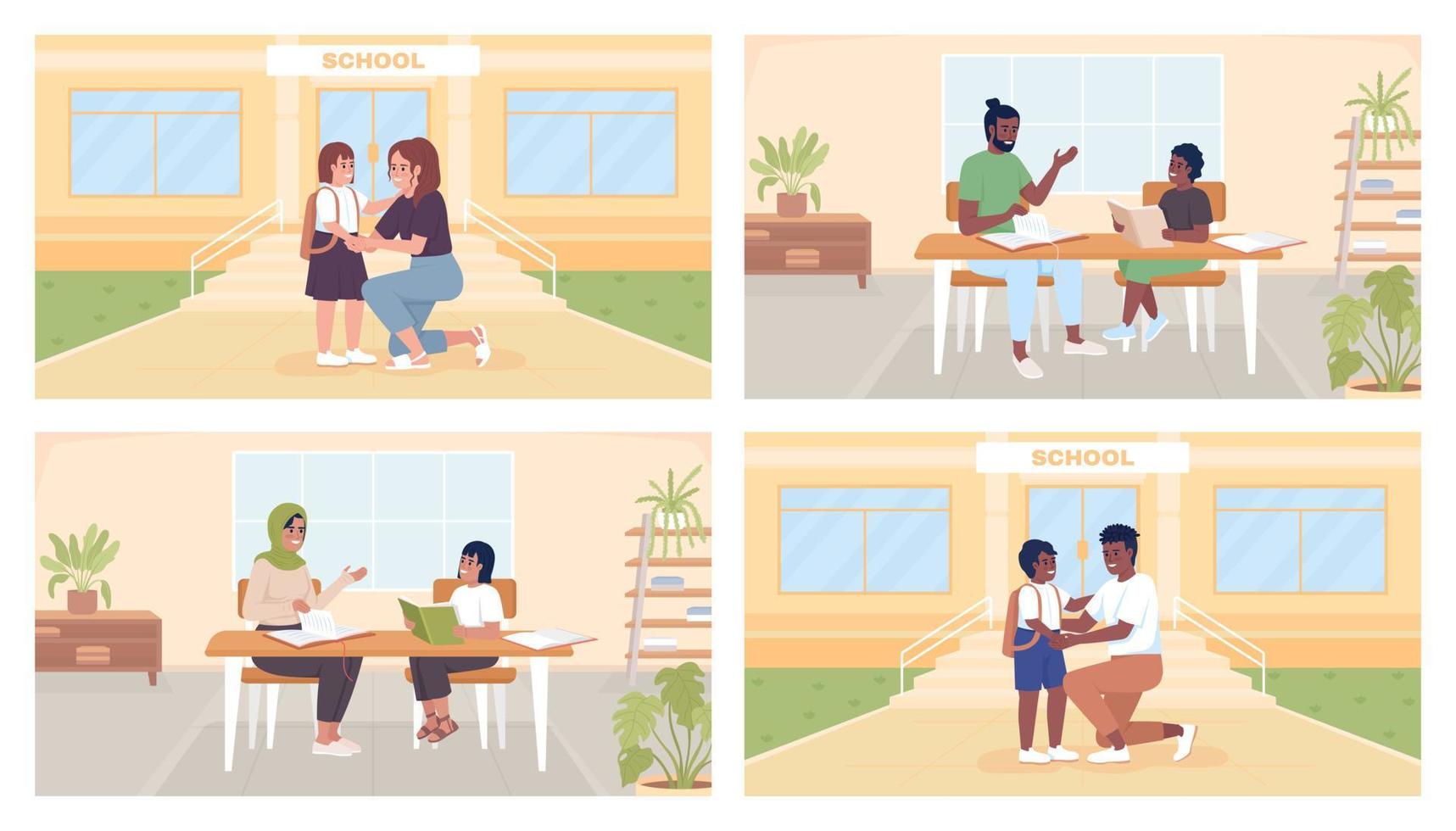 Preparing child for first day of school flat color vector illustration set. Fully editable 2D simple cartoon characters pack with school building, home interior on background