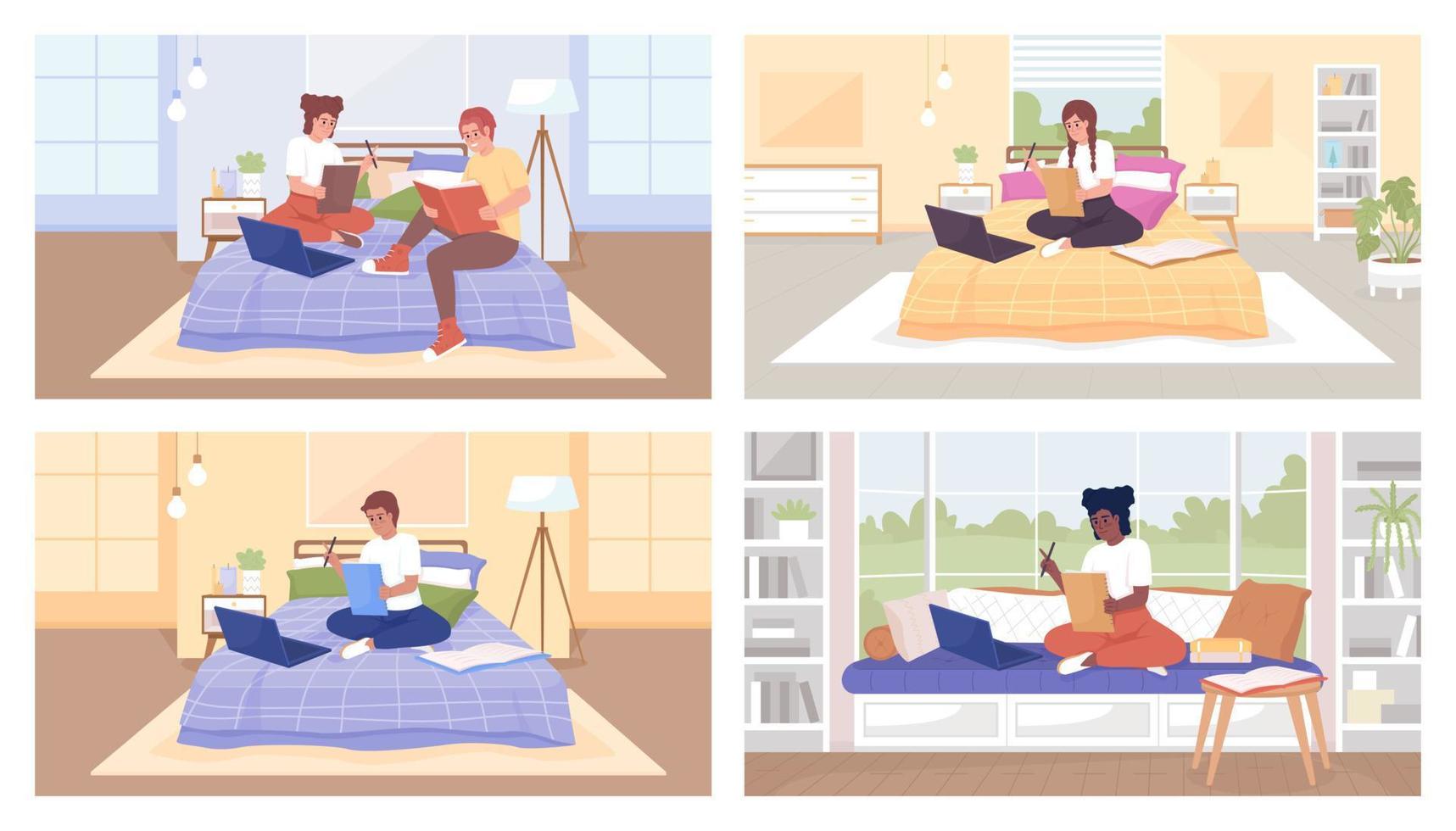 Doing homework at home flat color vector illustration set. Completing school assignments with friend. Fully editable 2D simple cartoon characters pack with bedroom, living room interiors on background