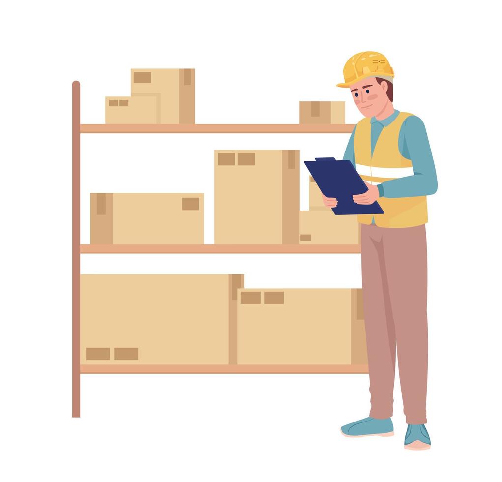 Warehouse manager standing near shelves with boxes semi flat color vector character. Editable figure. Full body person on white. Simple cartoon style illustration for web graphic design and animation