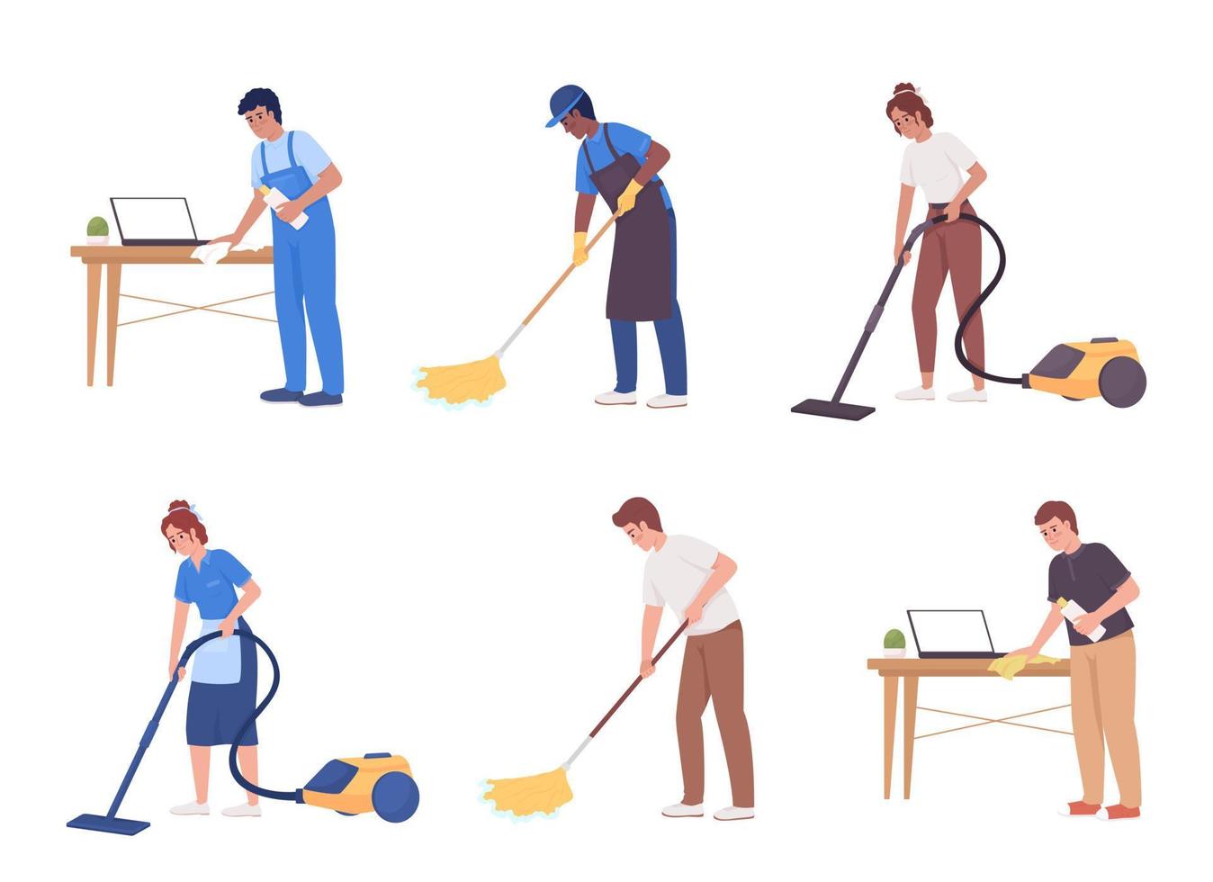 Workers cleaning house and commercial property semi flat color vector characters bundle. Editable full body people on white. Simple cartoon style illustration set for web graphic design and animation