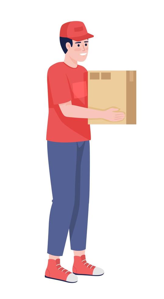 Smiling male courier holding cardboard box semi flat color vector character. Editable figure. Full body person on white. Simple cartoon style illustration for web graphic design and animation