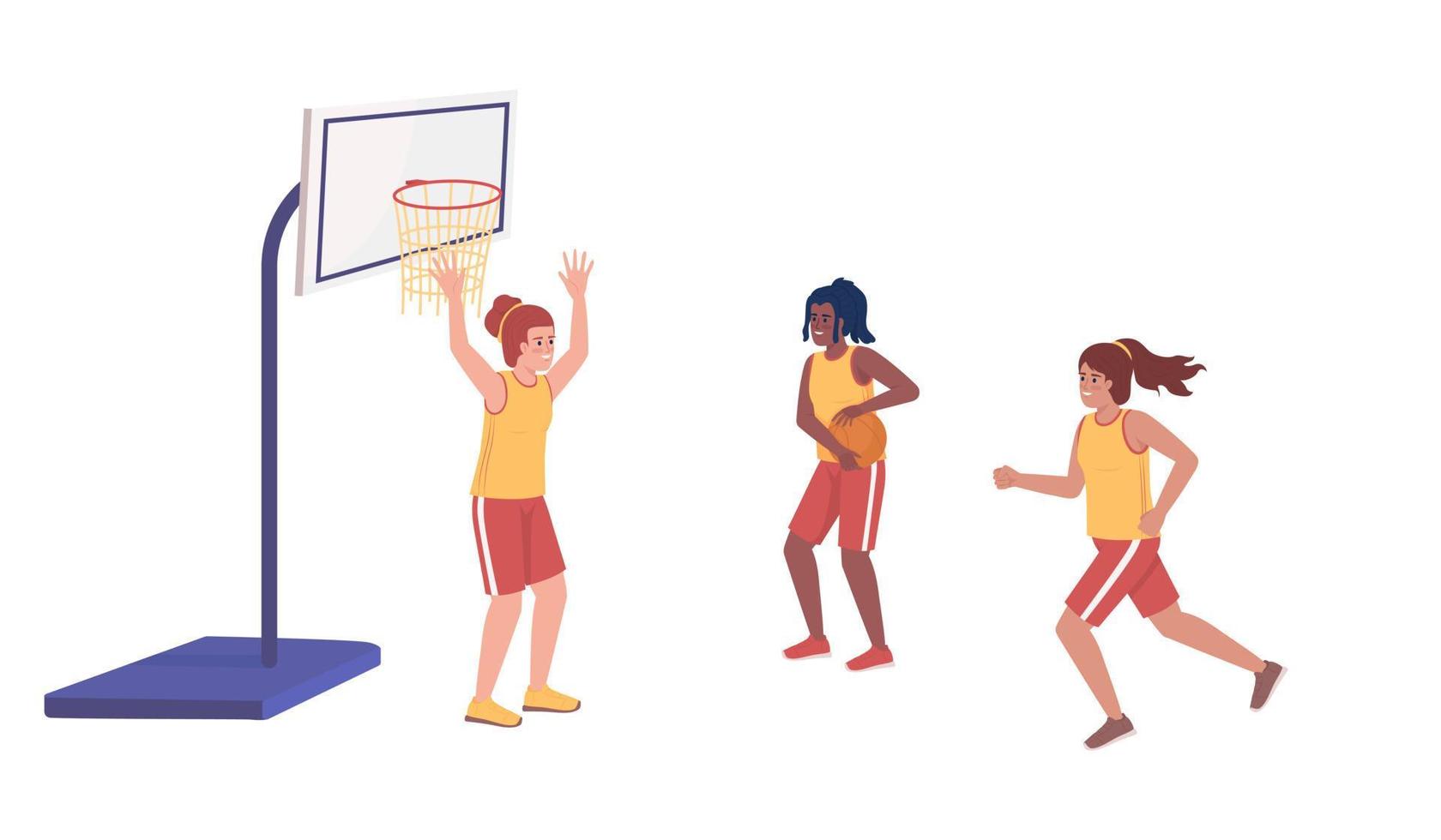 chicas deportivas jugando baloncesto juntas personajes vectoriales de color semiplano. figuras editables. personas de cuerpo completo en blanco. ilustración de estilo de dibujos animados simple para diseño gráfico web y animación vector