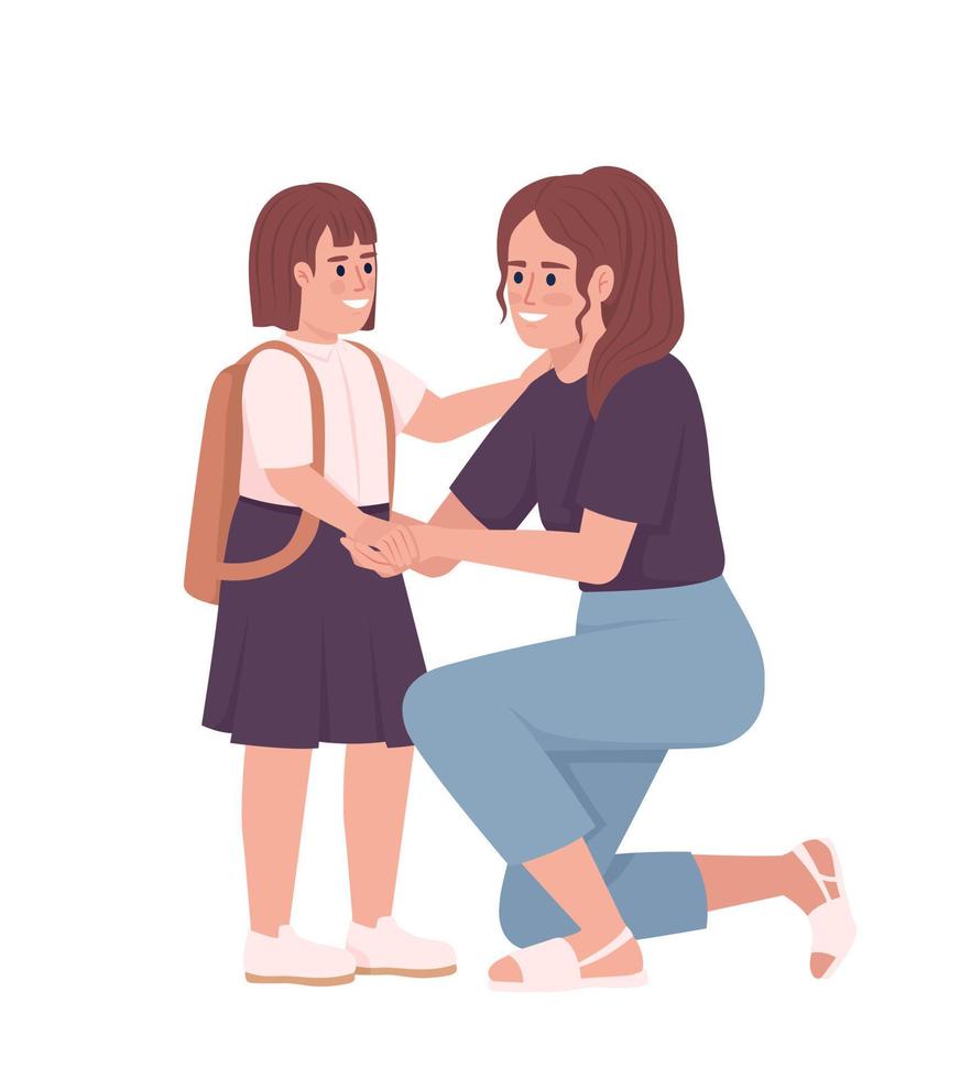 madre motivando al niño a que le vaya bien en la escuela personajes vectoriales de color semiplano. figuras editables. personas de cuerpo completo en blanco. ilustración de estilo de dibujos animados simple para diseño gráfico web y animación vector