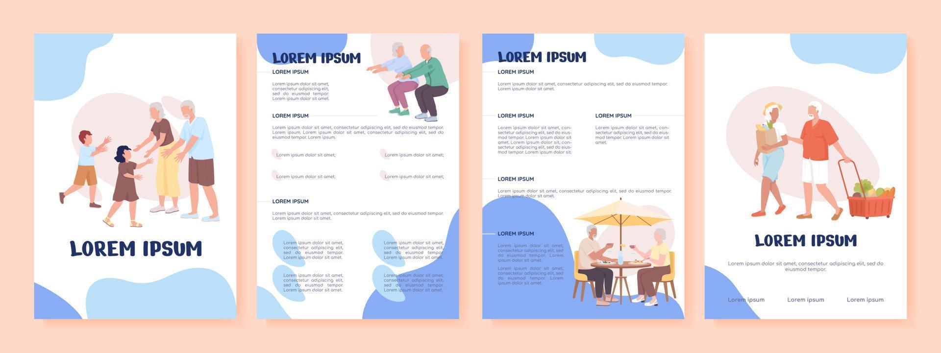 Old couple spending time together flat vector brochure template. Booklet, leaflet printable color designs. Editable magazine page, reports with text space